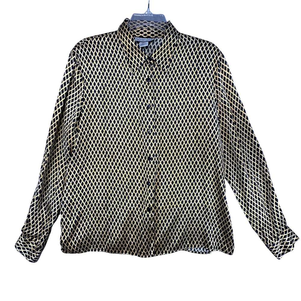 Notations 100% Silk Button Down Blouse Geometric Diamond Gold Black Large Career